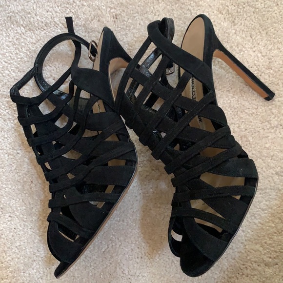 Manolo Blahnik black suede multi strap sandals high heels VGUC 4” size 37 US 7 - Picture 6 of 14